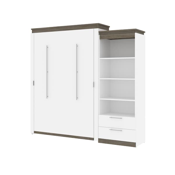 Orion Queen Murphy Bed and Shelving Unit with Drawers (95W), White & Walnut Grey